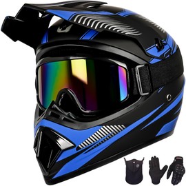 Yesmotor Youth Dirt Bike Helmet Set Includes Gloves, Goggles, Mask, Ideal Helmet for Kids 8-14, Premium Safety Gear for Dirt Bike Helmets Enthusiasts - DOT Approved (Dark Blue,L)