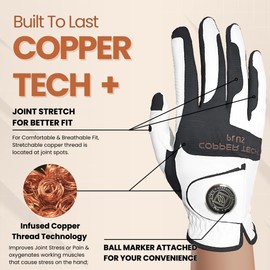 Copper Tech Men's Golf Gloves - Optimal Wrist Support with Copper Infused Thread - 100% AAA Synthetic Tacky Leather - Perfect for Summer & Fall Golfing - Golf Gloves Men (Hand Orientation: Both Hand)