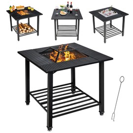 Giantex 4-in-1 Wood Burning Fire Pit, Square Firepit Table with Mesh Cover, Removable Lid, Cooking Grate, Log Grate and Fire Poker, Outdoor Fire Table for Garden Poolside Balcony