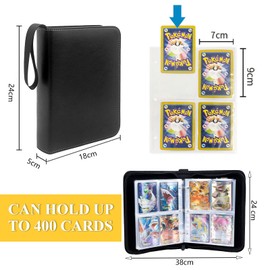 Cosrogo Card File, 4 Pockets Holds 400 Cards, 50 Sheets, PU Surface Waterproof and Abrasion Resistant Clips, Collecting Star Card Collection Files (Black)