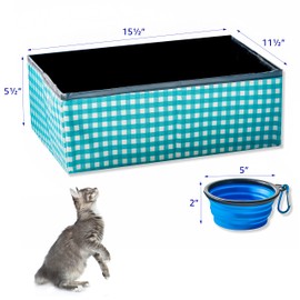 Pet Fit For Life Collapsible Portable Cat Litter Box (16"x12"x5") - Foldable and Packable Travel Litter Box for Cats - includes Bonus Water Bowl - Teal
