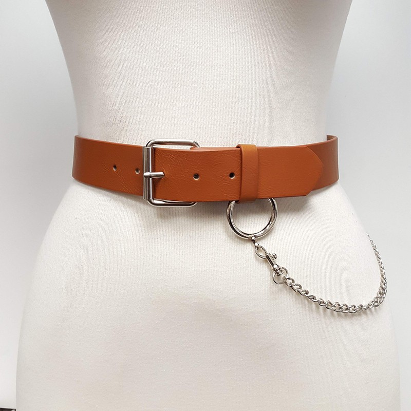 Axesoria Vegan Plain Belt with Silver Wallet Chain Tan M