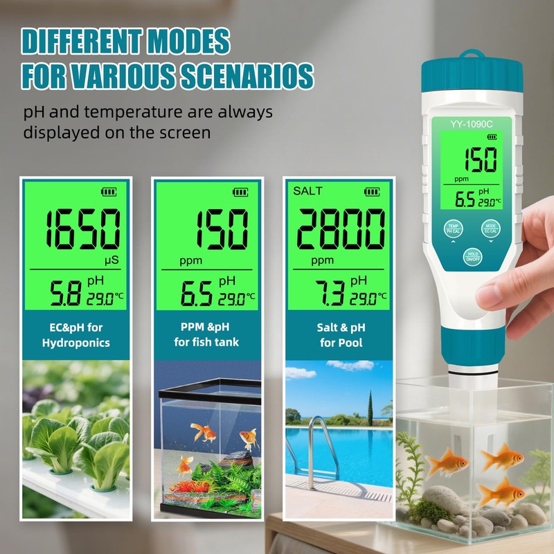 PH Meter for hydroponics & Spa Salt Tester – 5‑in‑1