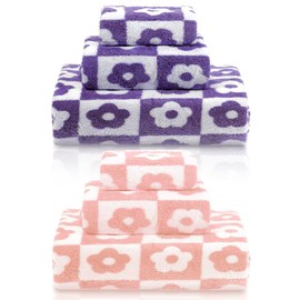 Kinlop 6 Pcs Coral Fleece Bath Towel Set 2 Bath Towel 2 Hand Towel 2 Washcloth Quick Dry Lightweight Bathroom Towel Set for Bathroom Home Gym Spa Beach Accessories(Pink,Purple,Flower)