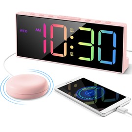 Loud Alarm Clock with Bed Shaker, Big Display Plug in Vibrating Alarm Clock for Heavy Sleepers Adults Teens Hearing Impaired Deaf, USB Charger, 12/24Hr, Snooze, Dimmable, Adjustable Volume (Pink)