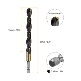 sourcing map 1/4" Hex Shank Twist Drill Bits 10.5mm Gold Titanium & Black Nitride Coated 4341 High Speed Steel Quick Change Hex Drilling Bit Jobber Drill Bits for Wood Plastic Metal