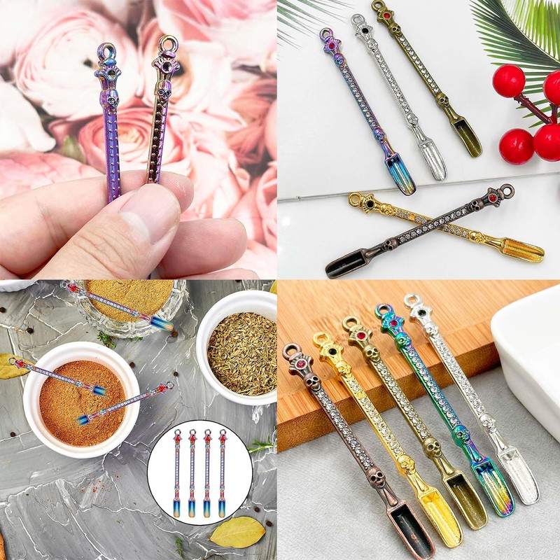 Lqucwepp 10PCS Metal Mini Scoop with Rhinestones,Mini Snuff Spoon,Tiny Skeleton