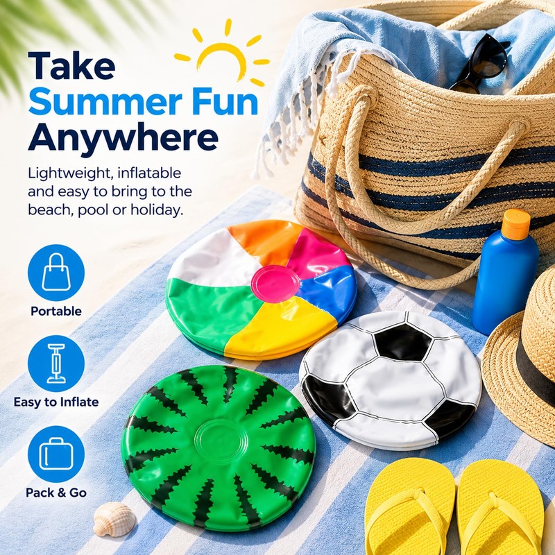 3 Pack Inflatable Beach Balls - Watermelon & Football Designs