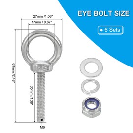 PATIKIL M6 x 35 mm Eye Bolt with Nut, 6-Pack 304 Stainless Steel Lifting Shoulder Eye Bolt Lift Thread Screws for Hanging, Silver