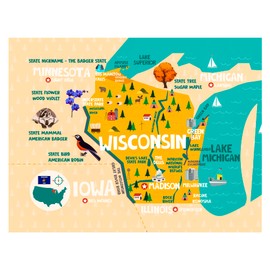 Birdy Boutique Wisconsin Map Tapestry – 60" x 46" Educational Wall Hanging for Kids – State Landmarks, Cities, & Fun Facts – Lightweight & Easy to Hang Classroom or Homeschool Decor