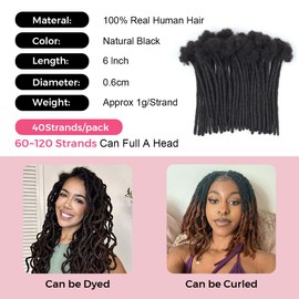 Lounoke 6 Inch 40 Strands Loc Extensions Human Hair, 0.6cm Pencle Size Dreadlock Extensions Human Hair for Women Men Full Handmade Permanent Dreads Locs(Natural Black)