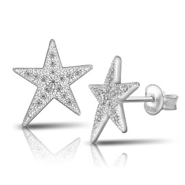 Sterling Silver Star Earrings For Women, CZ Celestial Star Stud Earrings, Hypoallergenic Stars Post Earrings for Teens, Minimalist Star Earrings Stud for Sensitive Ears