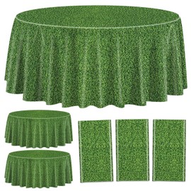 3 Pcs Green Grass Tablecovers, Round Grass Pattern Plastic Tablecloths, Soccer Party Supplies for Sports Theme Parties Supplies Golf Soccer Football Event Decor, 210 x 210cm