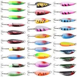 30pcs Fishing Spoons Lures Kit for Tout Bass Metal Spoon Lures Fishing Baits with Treble Hooks Variety Kit for Pike Trout Walleye Salmon