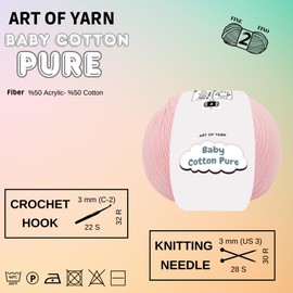 Art of Yarn Baby Cotton Pure 50% Cotton 50% Acrylic Fine 2 Yarn -Soft Smooth Summer for Knitting, Crocheting, Amigurumi, Baby Blankets Garments –50g(1.76 Oz),165 Meters (Light Pink, Pack 1)
