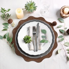 comfoyar Faux Leather Flower Shaped Placemats Set of 6, 13.5 Inch Heat Resistant Dual-Sided Dark Brown Imitation Velvet Place Mats, Waterproof Wipeable Table Mats for Kitchen Dining Party Decoration