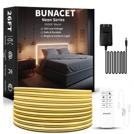 BUNACET Outdoor LED Strip Lights Warm White, Neon Rope Lights 3000K IP65 Waterproof 24V DC with RF Remote, Neon Light Strip Dimmable Cuttable for Bedroom Under Cabinet Mirror House Pool 26FT