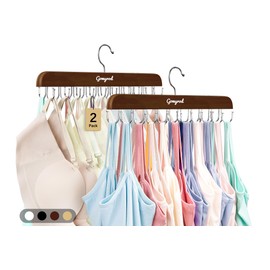 Gomyrod Bra Hanger for Closet, 2 Pack Tank Top Hangers w/20 Hooks Holds 40 Bras, Capacity Foldable Wood Space Saving Hanger, 360°Rotating Closet Organizers and Storage for Dorm & Apartment（Brown）