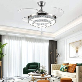 LUOLAX 42" Modern Crystal Invisible Fan Blades Ceiling Fan with Light, Remote Control 3 Color Changes LED Chandelier Fan Lamp for Dinning Room, Bedroom, Living Room Decor (Style 1-Silver)