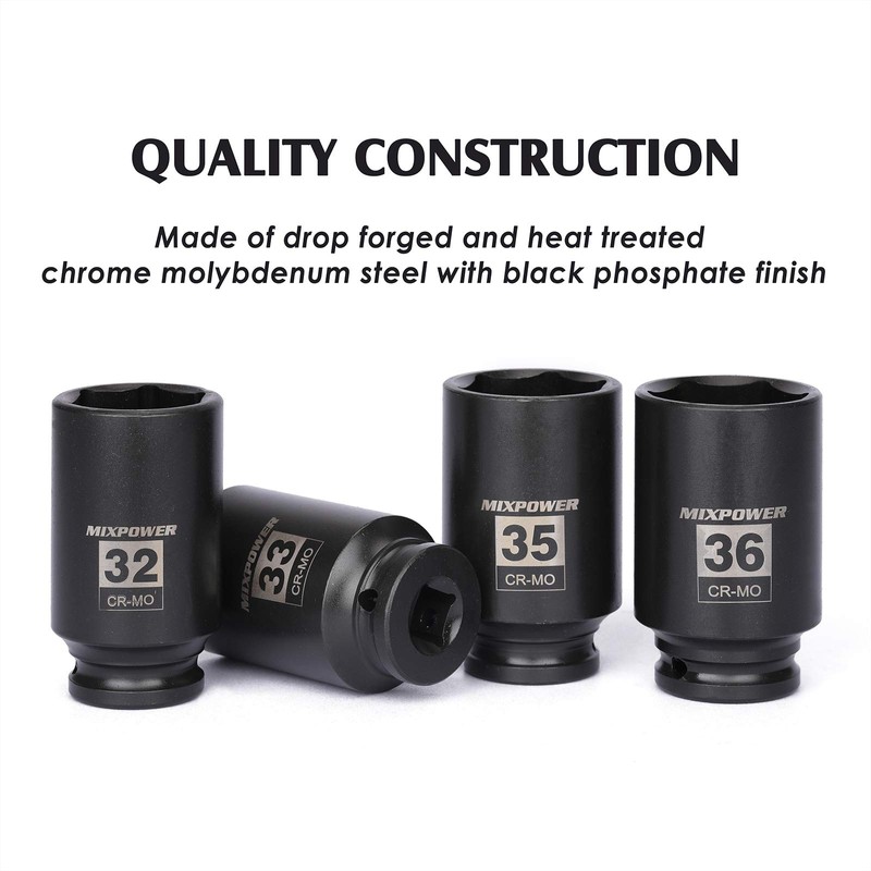 MIXPOWER 4-Piece 1/2'' Drive Deep Impact Socket Set, 6 Point,