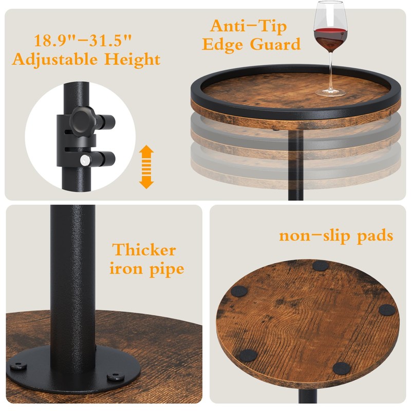 Kificet Small Side Table, Drink Table, Height Adjustable Round End