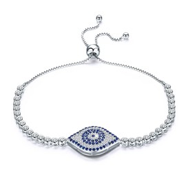 BISAER 925 Sterling Silver Blue Evil Eye Bracelets Sparkling Cubic Zirconia Adjustable Chain Bracelet for Women Christmas Gifts Lucky Jewelry
