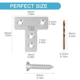 HOUYITOU 8PCS 1.65” x 1.65” T Post Corner Brace, Stainless Steel Flat Metal Bracket, Mending Plate for Wood with 32PCS Screws