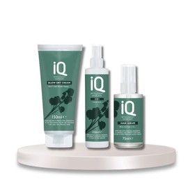 IQ Intelligent Haircare Set: Blow Dry Cream 150ml, 10-in-1 Multi-Benefit Treatment 250ml, and Hair Serum 75ml – Professional-Grade Products for Nourished, Styled, and Healthy Hair.