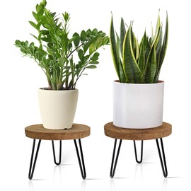 OBTAIN Plant Stand Indoor Outdoor, Wooden plant Stool, Mid Century Plant Stand for Indoor Plants, Wood Modern Plant Holder Rattan Flower, Low Short Boho Rustic Planter Stand Fit 5-15 Inch Pot(M, L)