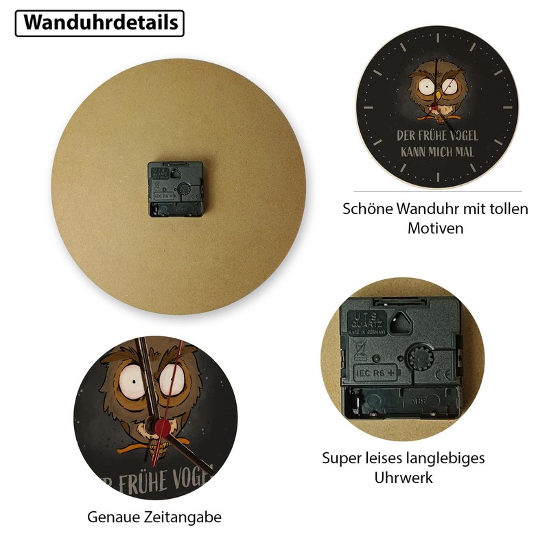 speecheese Owl Wall Clock with Saying Der frühe Vogel kann