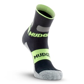 MudGear Gloom Runner Reflective Crew Height Sock - Medium Compression, Cushioned - Reflective Running Gear, Night Running, Running Safety Gear (Small, Black/HiViz Green)