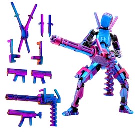JaiZvt 1-Piece T13 Action Figure, 3D Printed Poseable Dummy 13 Model with Red and Blue Gatling Accessory, Articulated Stick Figure Collectible for Desktop Display