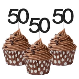 Sumerk 24PCS 50 Cupcake toppers Black Glitter 50th Birthday Cupcake Picks Anniversary Party Decorations