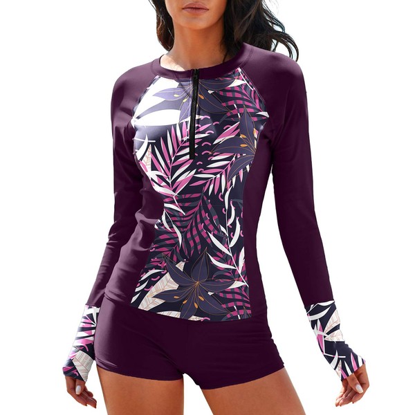 MISSVOG Women Two Piece Rash Guard Long Sleeve Half-Zipper UPF