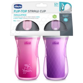 Chicco 9oz. Double-Wall Insulated Flip-Top Sippy Cup with Silicone Straw and Spill-Free Lid | Top-Rack Dishwasher Safe Easy to Hold Ergonomic Indents Dream Pink/Purple, 2pk 12+ months