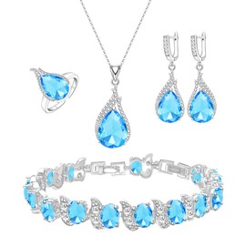 LMXXVJ Jewelry Set For Women,Australian Crystal Aquamarine Necklace Ring Earrings Bracelet Costume Mother's Day Christmas Jewelry Set Gifts for Mom/Wife,Silver-Tone