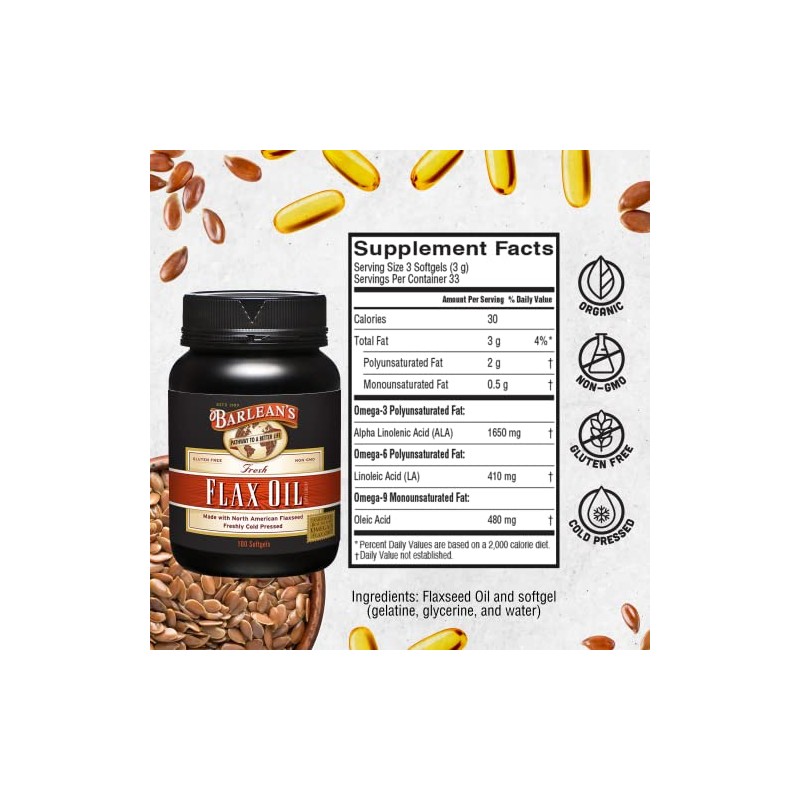 Barlean's Organic Oils Fresh Flax Oil Softgels, 100 Count Bottle