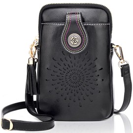 APHISON Designer Phone Bags for Women Crossbody, Sunflower Tassel Vegan Leather Small Crossbody Bags for Women fits Phone Up to 6.7 inches Black