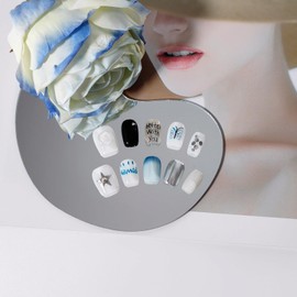 UNIYVOH Medium Square Press on Nails French Tip Handmade False Nails with Designs/Charms, Y2k Short Coffin Reusable Fake Nails (Gradient Blue, M)