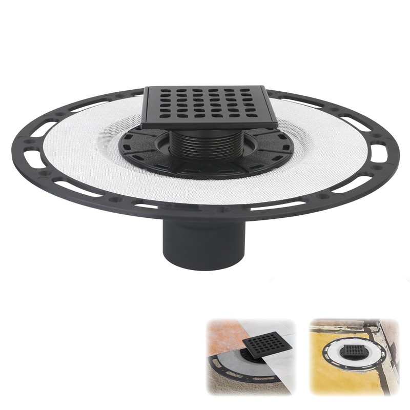 Square Shower Drain, 4-Inch Matte Black Kit with Bonding Flange,