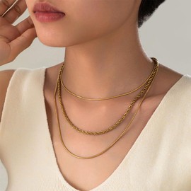 Auriselle Layering Women's Necklace, 18 K Gold-Plated Moon/Blade Chain, Twist/Twist/Snake Bone Chain, Shiny Titanium Steel, Can Be Worn Separately, Adjustable Jewellery, Girls, Golden, Alloys