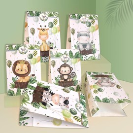 Heboland Pack of 24 Gift Bags Children's Birthday, Jungle Safari Bags Children's Birthday Party with 30 Stickers for Safari Decoration, Baby Shower, Wedding