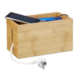 Relaxdays Bamboo Cable Box, Multi-Purpose, Compact, Universal, Practical Cable Management, 14 x 25.5 x 14 cm, (H x W x D), Natural
