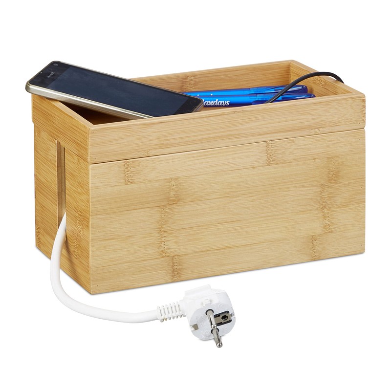 Relaxdays Bamboo Cable Box, Multi-Purpose, Compact, Universal, Practical Cable Management,