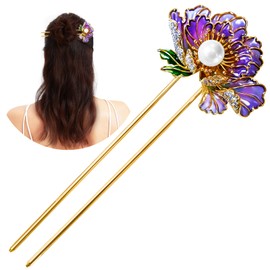 KZQtriid Hair Accessories，14k Gold Plated Copper，Vintage Handcrafted，Colour Enamels Pearl Rich Peony Flower U-Shape Hair Stick And HairClip.Hair Chopsticks For Women