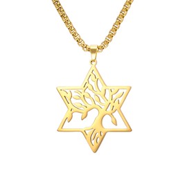 kkjoy Tree of Life with Hexagram Necklace Stainless Steel Star of David Pendant Necklace Nature Inspired Spiritual Jewellery for Women Men, Stainless Steel, No Gemstone