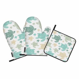 Samgula Green Teal Turtle Oven Mitts and Pot Holders Sets Sea Animal Swim Freely Heat Resistant 3pcs for Cooking Baking BBQ
