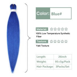 YDDM Pre Stretched Braiding Hair Extensions, 26 Inches, Pack of 3, Synthetic Hair Braids, Blue Hair Extensions, Synthetic Hair for Braiding Extension for Braids, Jumbo Braids Hair (26 Inches, Blue#)