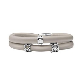 Quiges Leather Wrap Bracelet Grey Beige 40-44 cm with Charm Beads Silver-Plated Stainless Steel Magnetic Clasp, Leather, Cubic Zirconia