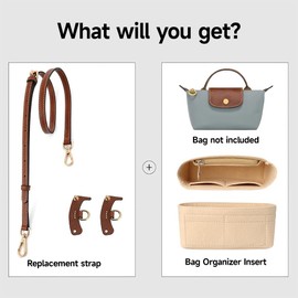 Proxima Direct Adjustable Leather Shoulder Strap Replacement (Brown Gold) with Multi-Pocket Felt Handbag Organiser Insert (Beige) for Mini Tote Bag